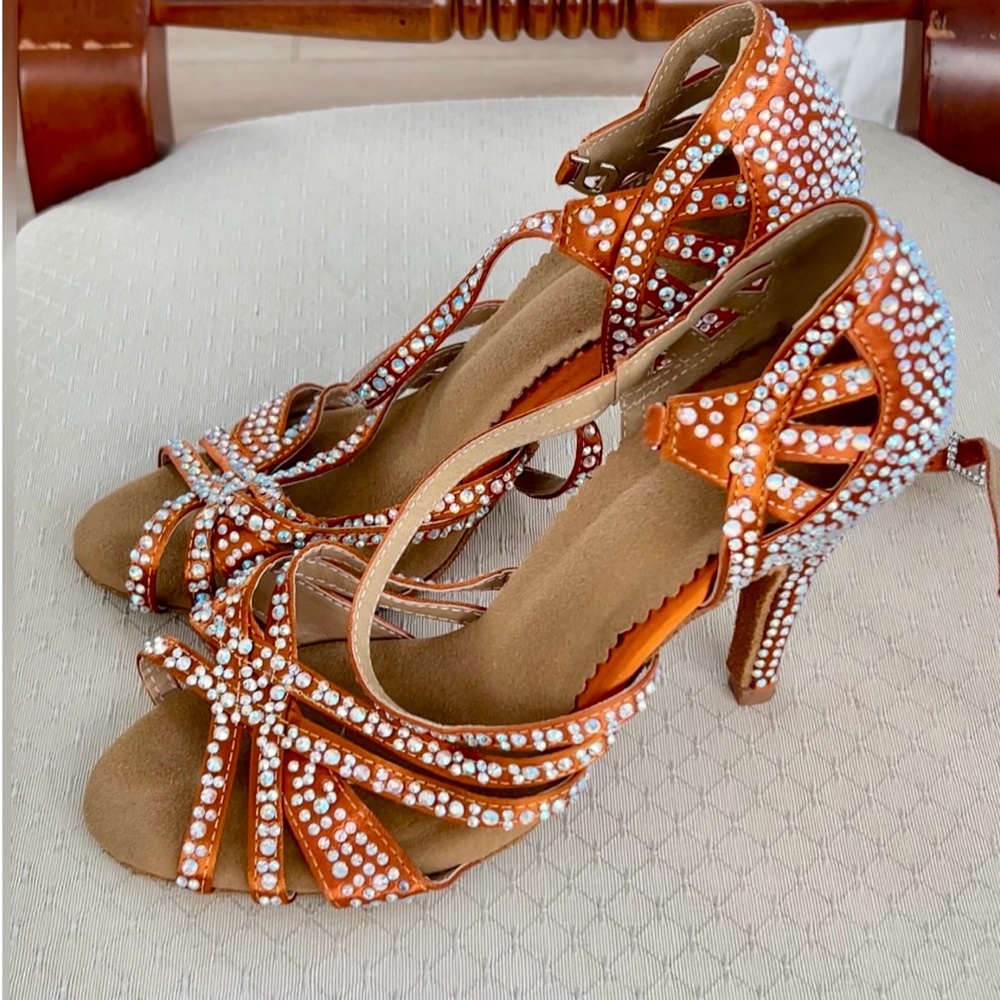 Orange Strappy Dance Heels with Rhinestones